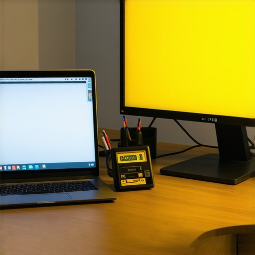 Monitor Color Temperature Comparison Comparison of a yellow-tinted monitor next to a blue-tinted laptop screen on a home office desk.