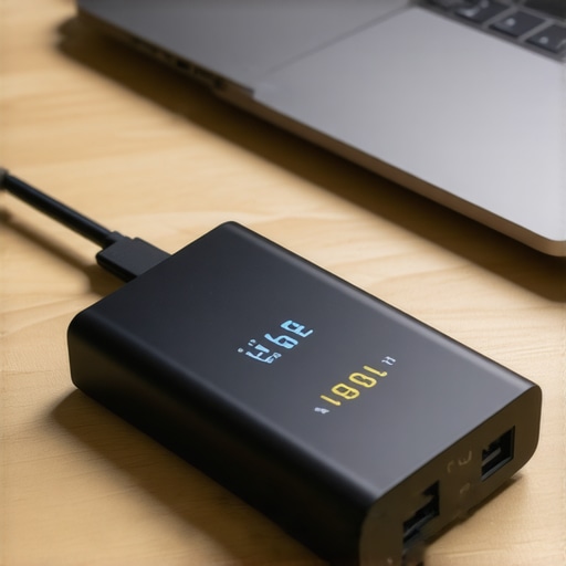 A USB-C power meter measuring wattage between a hub and a laptop to prevent overheating.