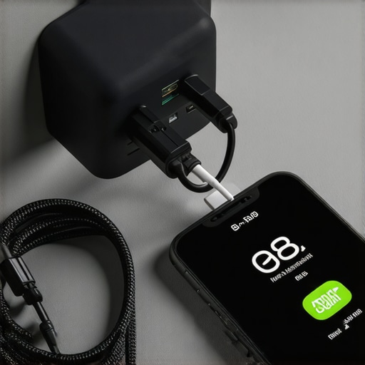 Multi-port charging brick with connected cables Close-up of a multi-port USB-C fast charger distributing power to multiple devices on a desk.