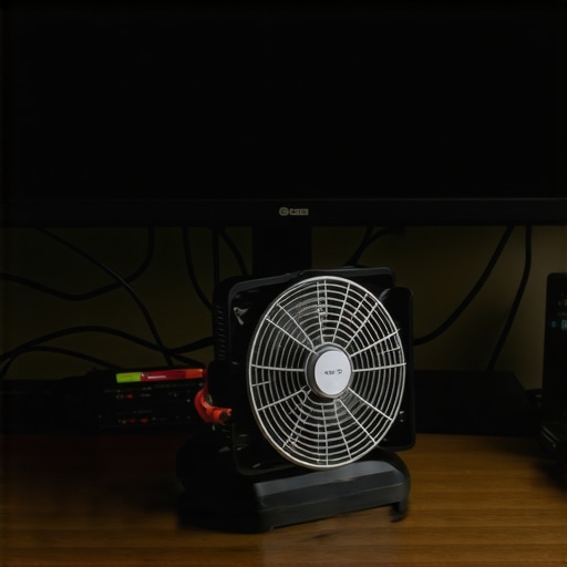 A desk fan and monitor separated to prevent electromagnetic interference
