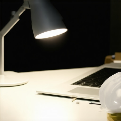 Close-up of high-quality desk lighting reducing glare on a laptop screen.