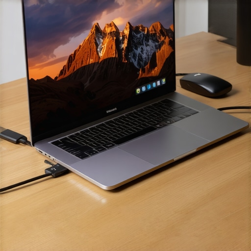 A laptop on a cooling stand connected to a USB-C hub in a home office.