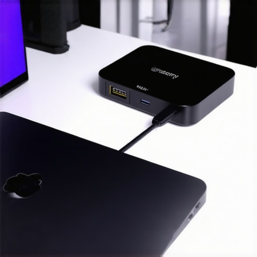 A smart home hub positioned away from a laptop to prevent 2.4GHz interference.