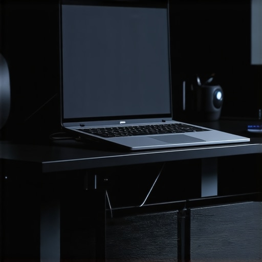 A well-ventilated silent home office setup featuring a laptop on a vertical stand to prevent overheating.