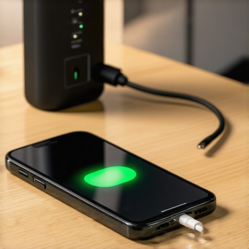 Optimized Fast Charging Setup Smartphone charging on a wooden desk with a premium USB-C cable