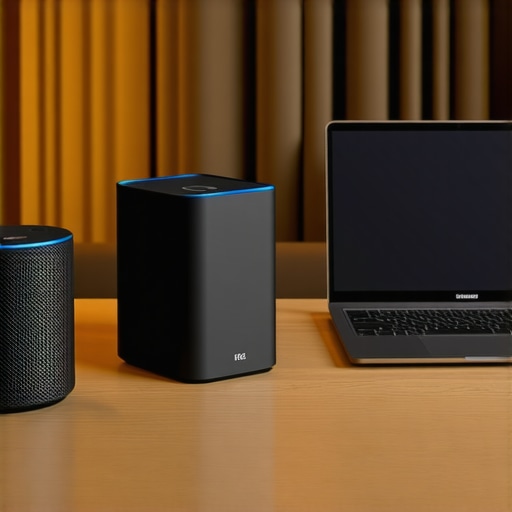A clean home office setup featuring a mesh router and smart speaker for better connectivity.