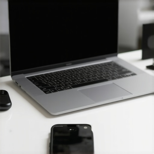 Optimized Multi-Device Home Office Setup A modern desk with a laptop and smartphone on stands to prevent screen dimming issues.