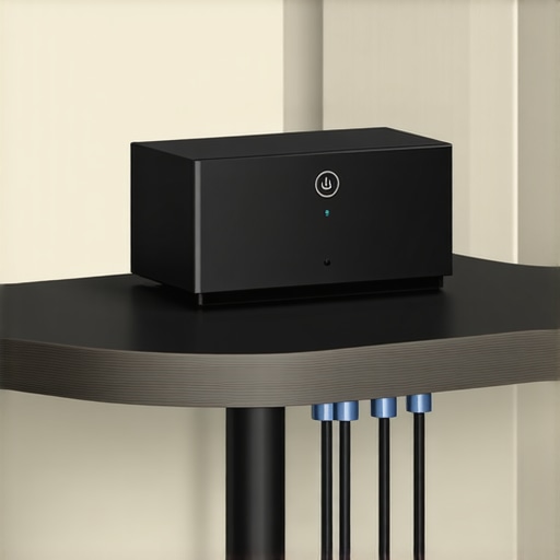 A clean home office setup showing a smart hub connected to an uninterruptible power supply for stability.