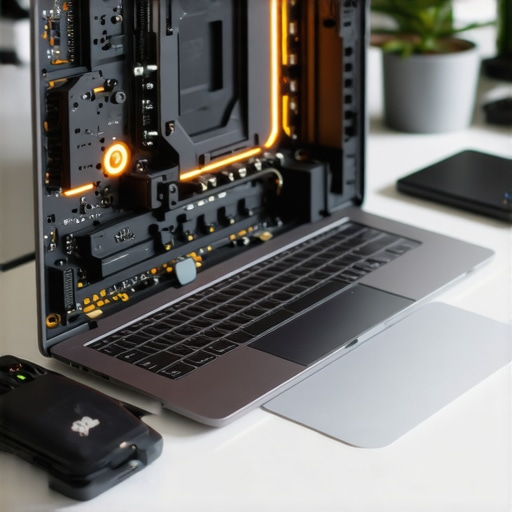 Close-up of a high-end laptop thermal cooling system with air flow visualization in a smart office setup.
