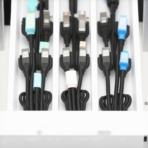 Professional cable management in a drawer using dividers and color-coded labels.