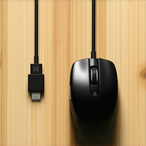 A wireless ergonomic mouse on a desk with a USB extension cable placed nearby to ensure a clear signal path.