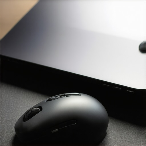 Optimized Wireless Mouse Setup with Fabric Desk Mat A wireless gaming mouse resting on a thick fabric desk mat to prevent signal reflection on a metal desk