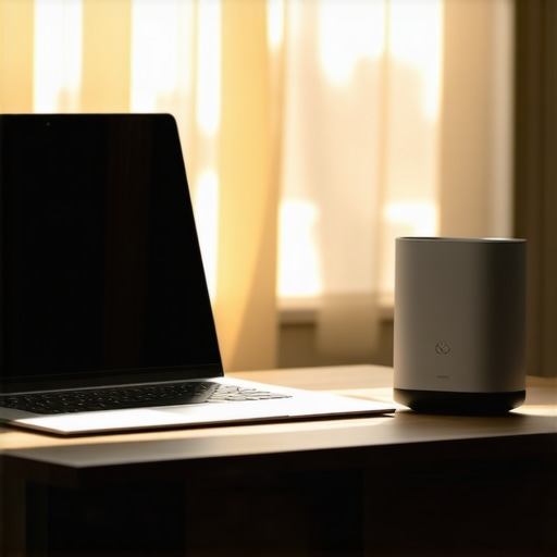 A clean home office desk showing proper air purifier placement to prevent dust buildup on tech gear.