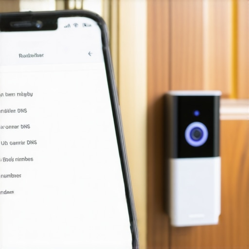 Smartphone screen showing network configuration and a smart doorbell in the background