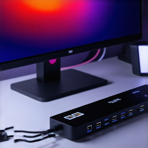 A professional desk setup featuring an OLED monitor, a USB-C docking station, and tech calibration tools.