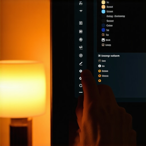 Close-up of monitor menu and hand adjusting color settings in warm light