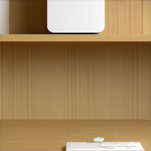 A Wi-Fi router positioned on a high shelf to improve signal distribution in a home office.