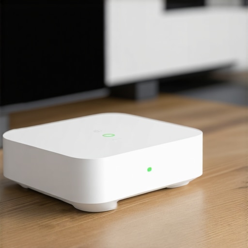 A modern smart home hub on a wooden shelf representing an optimized smart home network setup.