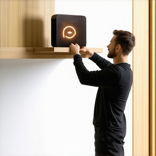 A man placing a smart home hub on a high shelf to improve wireless signal range for a doorbell.