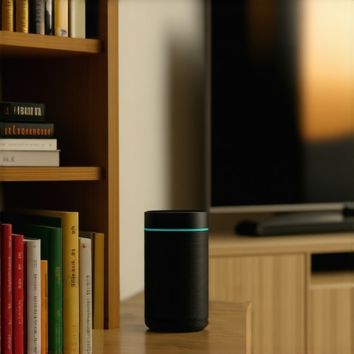 A smart speaker positioned on a bookshelf to minimize sound reflections from a TV.