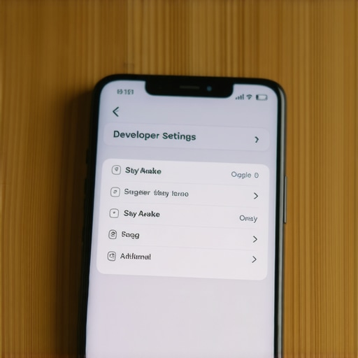 Optimizing Smartphone Developer Settings Close up of a phone showing the stay awake setting enabled in a home office