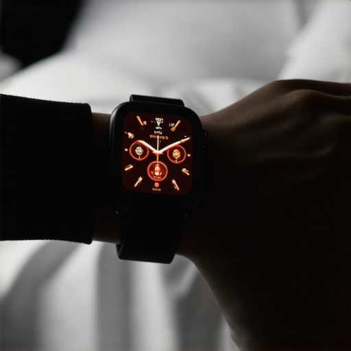 A smartwatch with a dimmed red screen to minimize sleep disruption