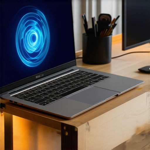 Close-up of a laptop on a vertical stand in a modern office setup illustrating heat dissipation challenges.