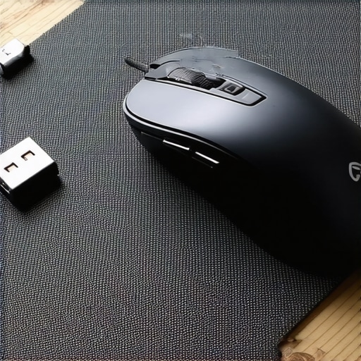 An ergonomic mouse on a professional desk mat with a USB extension receiver for better signal.