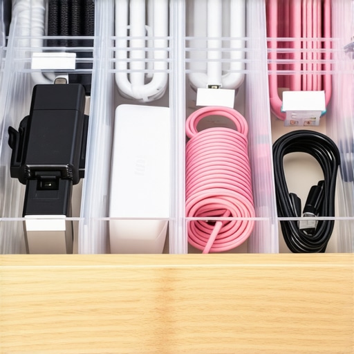 Close-up of a neatly organized desk drawer with categorized charging cables and tech accessories.