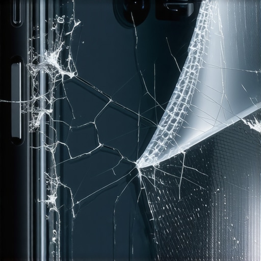 Peeling a cracked screen protector from a phone Close up of a person removing a damaged tempered glass screen protector to reveal trapped debris.
