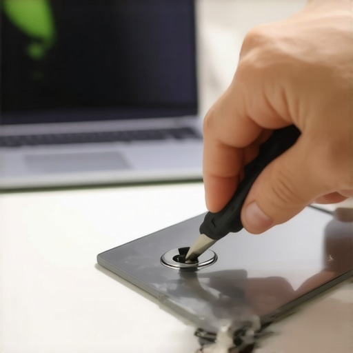 A person filing a metal door strike plate to fix a jamming smart lock