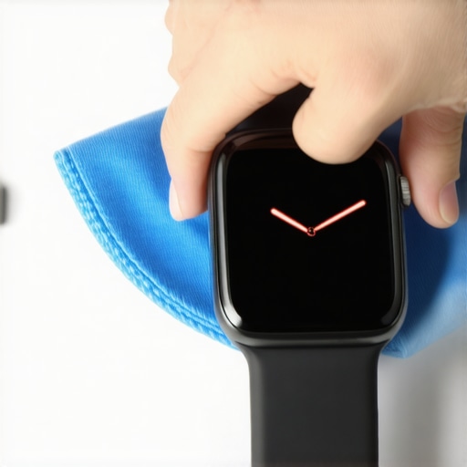Polishing a Smartwatch Screen with Microfiber A macro view of the polishing process for a plastic smartwatch screen using a cloth and masking tape.