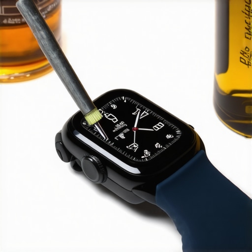A person cleaning a smartwatch heart rate sensor with a brush and alcohol.