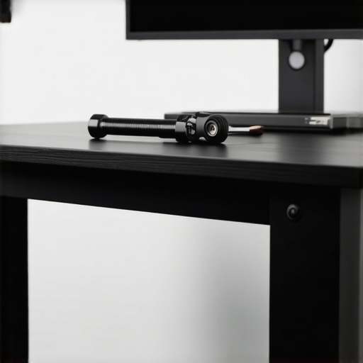 Close-up of a person using a hex tool to adjust a standing desk frame for stability