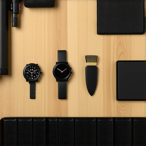 A specialized cleaning kit for maintaining smartwatches, laptops, and mechanical keyboards on a clean desk.