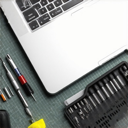 A professional tech repair kit laid out on an anti-static mat for laptop maintenance.