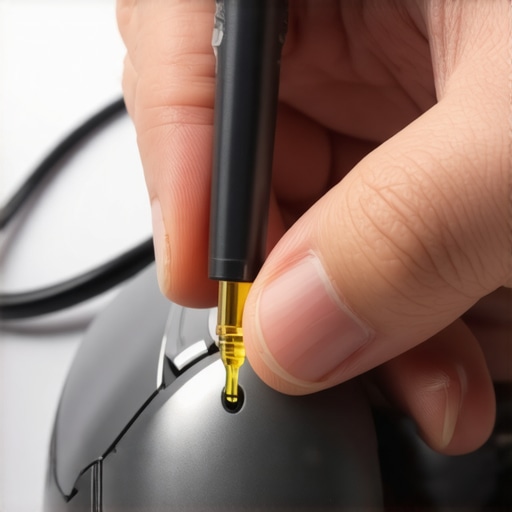 Precision Maintenance for Tech Gear A person using a needle-nose oiler to maintain a computer mouse wheel.