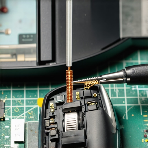 Close-up of a disassembled mouse switch being repaired with tweezers and a magnifying glass.