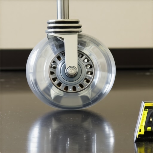Close up of polyurethane chair wheels on hardwood floor with a spirit level.