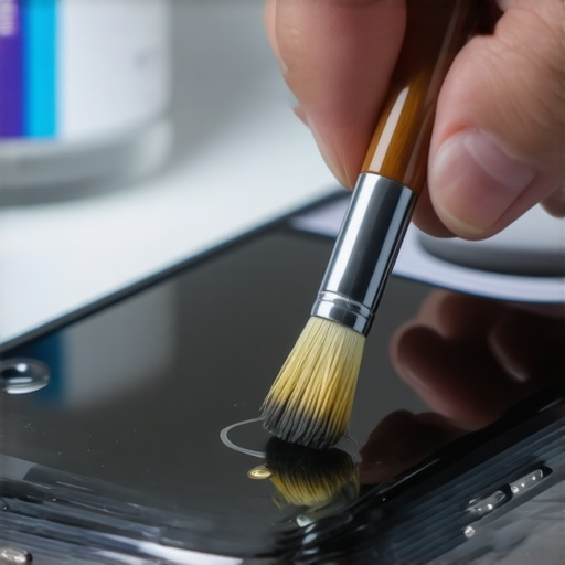 Precision Tech Cleaning Technique Close-up of a technician cleaning a smartphone button with a micro-brush