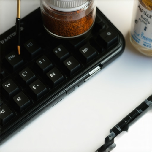 Precision Tools for Keyboard Stabilizer Tuning A collection of precision tools including a fine brush, lubricant, and a stabilizer wire being balanced on a glass screen for a mechanical keyboard.