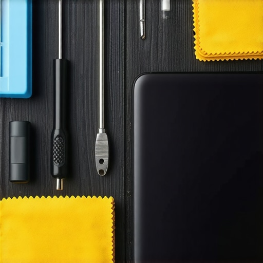 Precision Tools for Tech Maintenance A collection of precision tools and cleaning supplies used to maintain high-end laptops and wearables.