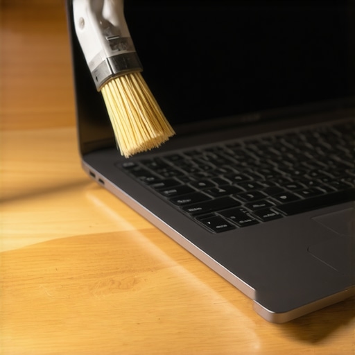Precision cleaning of laptop components A person using a specialized brush to remove dust from a laptop fan