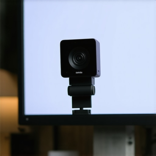 An external webcam mounted on a thin monitor showing a stable home office setup