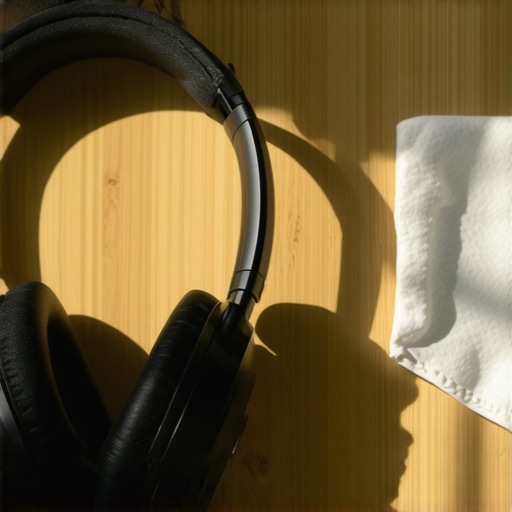 Premium gaming headset maintenance A clean gaming headset sitting on a desk with a microfiber cleaning cloth nearby