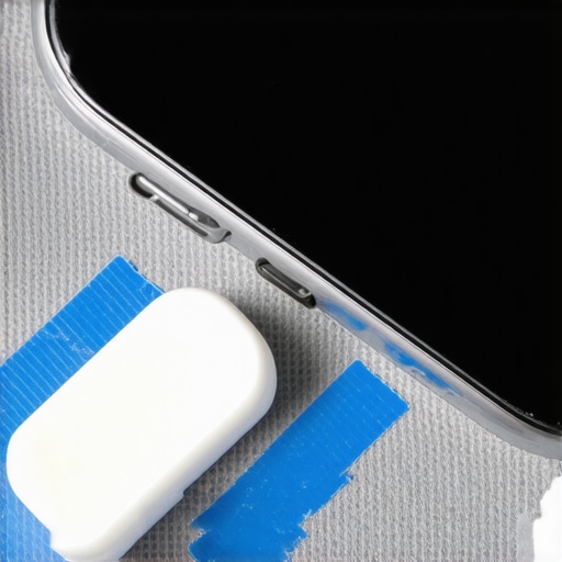 Preparing a Smartphone for Scratch Repair A smartphone with ports taped off next to a microfiber cloth with toothpaste for DIY scratch removal.