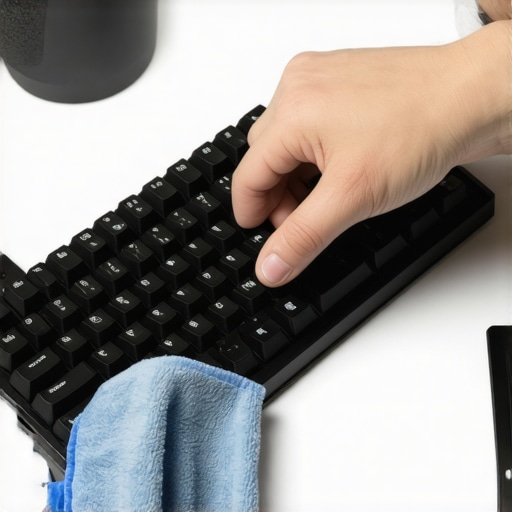 Pro Cleaning Technique for Tech Gear Close-up of a person cleaning a mechanical keyboard with a microfiber cloth for maintenance.