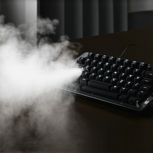 Pro Tech Maintenance with Electronic Duster Electronic air duster cleaning a mechanical keyboard on a desk
