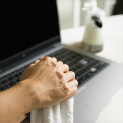 Person cleaning a laptop keyboard and screen with a microfiber cloth