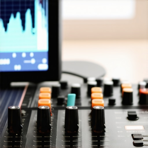 A close up view of an audio interface and digital sound frequencies.